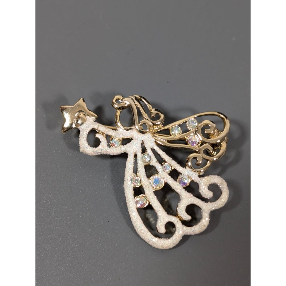 Danecraft Angel Brooch Gold‎ Tone White Aurora Borealis Crystal Pin